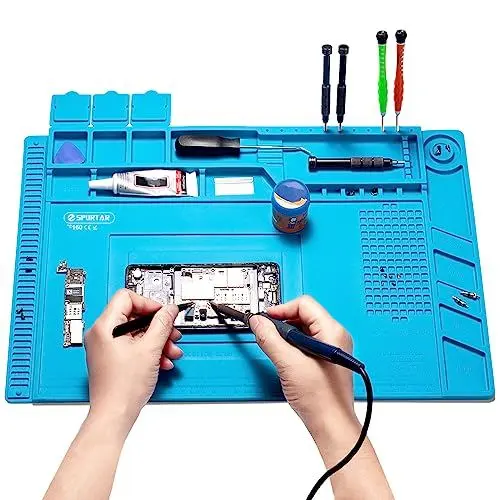 Produktbild: Spurtar Lötmatte Silikon 500℃ Hitzebeständige, 45 x 30 cm Verdickte Arbeitsmatte Werkstatt für Lötpistolen/Heißpistolen, Magnetische Reparatur Matte für Elektronik, Löten, Telefon, iPad, Uhren