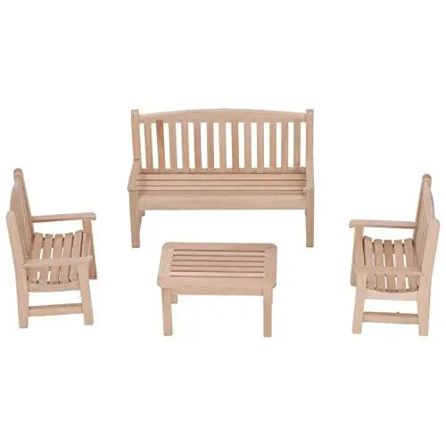 Produktbild: SPYMINNPOO Puppenhaus Rechteckiger Tisch, 4 Stück Puppenhaus Miniaturmöbel Holzbank Stuhl Gartenmöbel Set für Puppenhausdekoration Im Maßstab 1:12