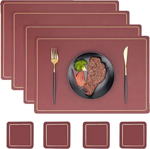 Produktbild: Square Placemats,Tischsets 4er-Set, Leder-Tischsets Untersetzer für Esstisch 4er-Set (Tischset*4 & Untersetzer*4) rutschfeste, hitzebeständige, waschbare