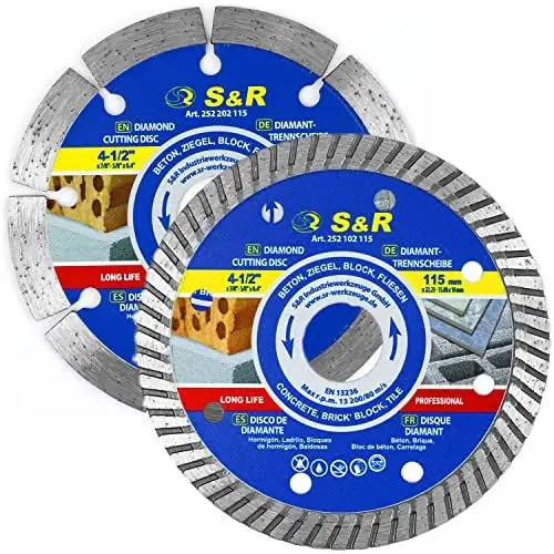 Produktbild: S&R Diamanttrennscheiben 115 mm Set 2-tlg, 1x Segment Standard, 1x Turbo-Rand - 115 mm x 10 mm x 22.2/15.88 mm (inkl Reduzierring), Diamant Trennscheiben für Stein, Beton, Ziegel, Fliesen
