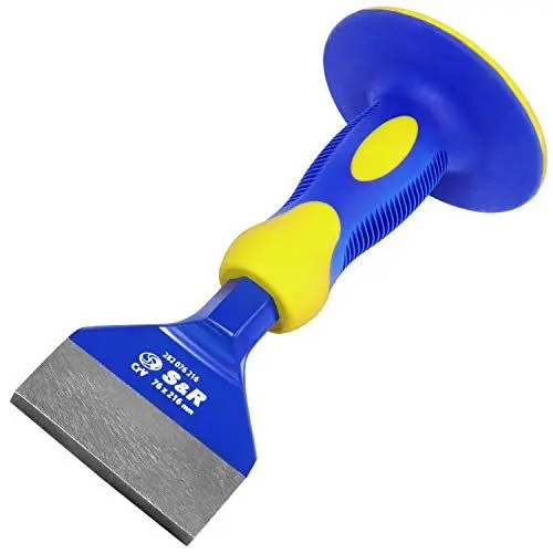 Produktbild: S&R Fliesenmeißel 216 x 76 mm Maurermeissel breit aus CHROM-VANADIUM Stahl mit Handschutz, speziell angewinkelte Meißelklinge Handmeißel in Profi-Qualität