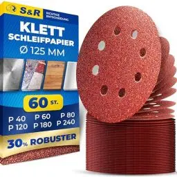 Produktbild: S&R Klett Schleifpapier Professional, Set 125 mm 60 St: je 10x P40, P60, P80, P120, P180, P240, 8 Löcher, Schleifblätter für Exzenterschleifer