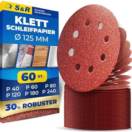 Produktbild: S&R Klett Schleifpapier Professional, Set 125 mm 60 St: je 10x P40, P60, P80, P120, P180, P240, 8 Löcher, Schleifblätter für Exzenterschleifer