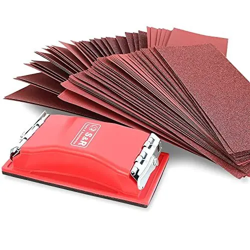 Produktbild: S&R 80-tlg. Schleifpapiersatz mit Handschleifer: Schleif-Papier und Schleif-Blätter für Metall, Holz, Plastik und Trockenbau – Körnungen P40-P400 für Grob- und Feinschliff