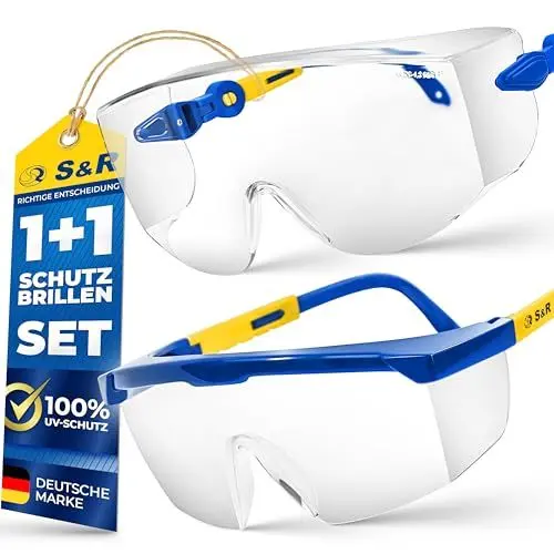 Produktbild: S&R Schutzbrille Set: Schlagfeste Sicherheits- und Arbeitsbrille mit UV-Schutz – Transparente Vollsicht-Überbrille aus Polycarbonat für optimalen Augenschutz