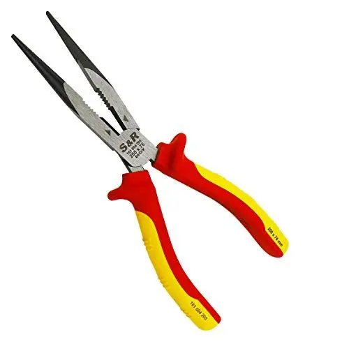 Produktbild: S&R VDE Flachrundzange 200 mm, gerade Spitzzange, 60 CrV hitze- und induktionsgehärtet für professionellen Einsatz, Härte HRC 66, Seitenschneider, 2K-Griff, Abrutschschutz, Storchschnabelzange