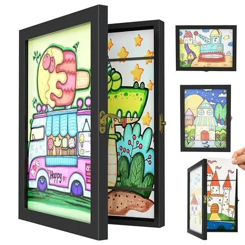 Produktbild: SRIWATANA Bilderrahmen Kinderzeichnungen A4, 2 Stücke Kinder Kunst Rahmen, aufklappbar befüllbar Kunstfotorahmen Holz 150 Bilder Kunstwerken Kunstprojekte,Schule,Zuhause (rein schwarz, 2pcs)
