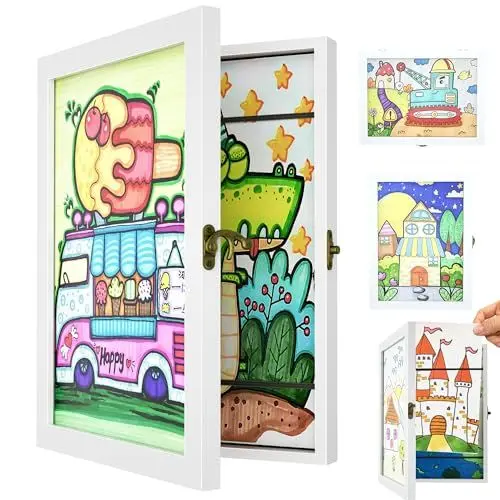Produktbild: SRIWATANA Bilderrahmen Kinderzeichnungen A4, 2 Stücke Kinder Kunst Rahmen Frontöffnung, aufklappbar befüllbar Kunstfotorahmen Holz 150 Bilder Kunstwerken Kunstprojekte,Schule,Zuhause (rein weiß, 2pcs)