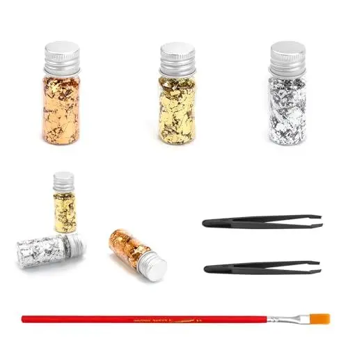 Produktbild: SRJQXH Blattgold Malereiset - Goldfolie Basteln Goldpapier, 6 Flaschen mit Zerkleinertem Blattgold mit Pinzette und Pinsel für DIY Vergolden Malerei Handwerkliche Dekoration