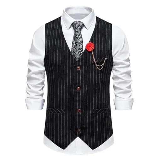 Produktbild: SRZYMJ Westlichen Weste Weste Herren Schwarz Anzug V-Ausschnitt Ärmellose Mit Knöpfen Gilet Business Casual Klassisch Basic Männer Anzugweste Ohne Kragen Anzugweste Schwarz Gilet Herren