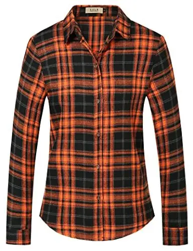 Produktbild: SSLR Damen Flanellhemd Holzfällerhemd Langarmshirt Button Down Kariertes Hemdbluse Langarmhemd Bluse Elegant für Damen (Small, Orange Schwarz)
