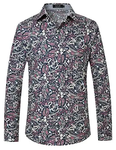 Produktbild: SSLR Herren Langarmshirt Hawaii Hemd Männer Floral Gedruckt Hemd Herren Langarm Button Down Longsleeve Baumwolle Herrenhemd Freizeithemden (Medium, Marine Rosa)
