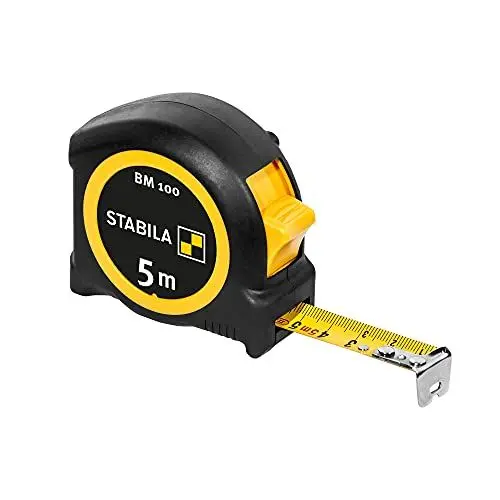 Produktbild: Stabila Taschenbandmaß BM 100, 5 m, Maßband mit metrischer Skala, bruchsicheres ABS-Gehäuse, beweglicher Anfangshaken, Gürtel-Clip, MID-Genauigkeit, Schwarz/Gelb