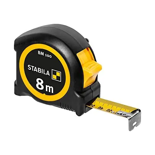 Produktbild: STABILA Taschenbandmaß BM 100, 8 m, Maßband mit metrischer 1000er-Skala, bruchsicheres ABS-Gehäuse, beweglicher Anfangshaken, Gürtel-Clip, MID-Genauigkeit