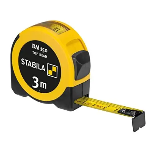Produktbild: STABILA Taschenbandmaß BM 150, 3 m, Maßband mit metrischer Skala, Sichtfenster für Direktablesung, bruchsicheres ABS-Gehäuse, beweglicher Anfangshaken, Gürtel-Clip, MID-Genauigkeit