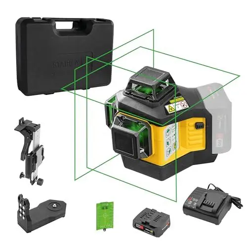 Produktbild: Stabila 12-V-System Kreuzlinienlaser LAX 600 G, selbstnivellierend, 3 x 360° grüne Laserlinien, max. Reichweite: 40 m, CAS-Akku und -Ladegerät (EU), Universal- Wandhalterung, Tragekoffer, 19797, Gelb