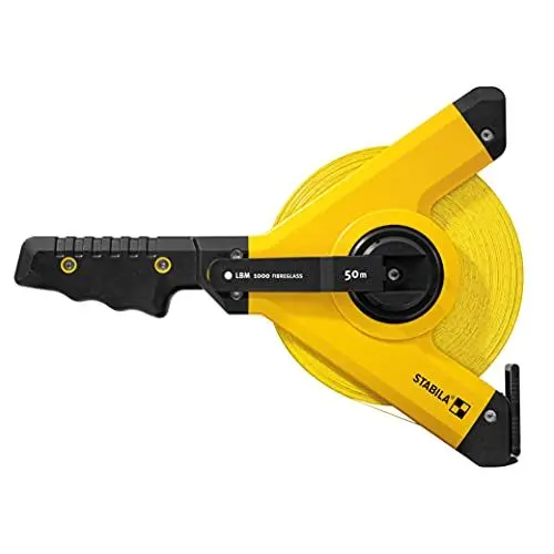 Produktbild: Stabila Rahmenbandmaß LBM 1000 FIBREGLASS, 50 m, Glasfaser-Messband mit metrischer Skala und Knickschutz, Universalhaken, bruchsicherer Rahmen, MID-Genauigkeit, LBM 1000, 50 m, Schwarz/Gelb