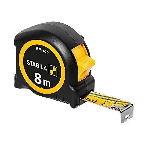 Produktbild: Stabila Taschenbandmaß BM 100, 8 m, Maßband mit metrischer Skala, bruchsicheres ABS-Gehäuse, beweglicher Anfangshaken, Gürtel-Clip, MID-Genauigkeit, silber