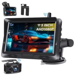 Produktbild: Stabiles Signal Rückfahrkamera Kabellos AHD 1080P Drahtlose Rückfahrkamera Auto mit 5 Zoll Monitor mit Rückfahrkamera Funk Kein Bohren DIY Hilfslinie Einfache Installation für DC 12-24V Auto SUV LKW
