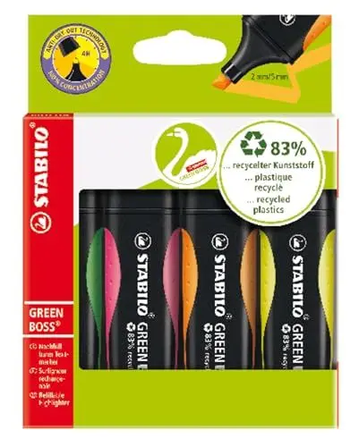 Produktbild: STABILO - Umweltfreundlicher Textmarker - GREEN BOSS - 4er Pack - grün, rosa, orange, gelb