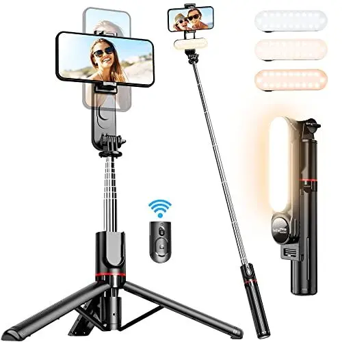 Produktbild: Stable Selfie Stick Stativ mit Abnehmbarer Fülllicht, 111cm Erweiterbar Handy Stativ mit Kabelloser Fernbedienung um 360° Drehbar für iPhone, Samsung, Huawei, Sony und Andere Smartphones