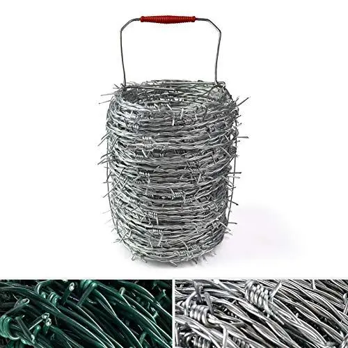 Produktbild: Stacheldraht Verzinkt oder grün | Zug- und bruchfest | 50 m Länge | 1,7 mm Drahtstärke | Weidedraht Rolle mit Tragegriff | als Drahtzaun, Weidezaun, Wildzaun | für Tierabwehr & Objektschutz (Verzinkt)