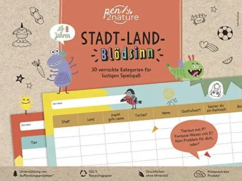 Produktbild: Stadt-Land-Blödsinn. Bunter Spiele-Block für Kinder ab 8 Jahren: Nachhaltiger Spielspaß auf Recyclingpapier. Für Zuhause, Urlaube und Spieleabende mit der Familie (pen2nature family)