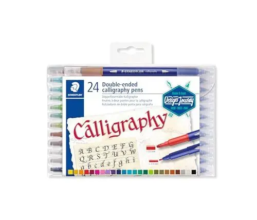 Produktbild: STAEDTLER 3005 TB24 Doppelfasermaler Kalligraphie (zwei Spitzen für schmale und breite Linien) Klarfaltetui mit 24 leuchtenden Farben