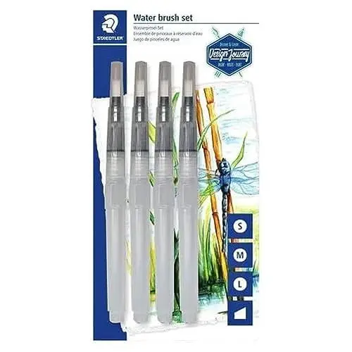 Produktbild: STAEDTLER 949-SBK4-C Wasserpinsel (zum Aquarellieren, Malen und Blenden, gleichmäßige Wasserabgabe, robuste Nylonspitze für Formstabilität, Set mit 4 verschiedenen Pinselspitzen)