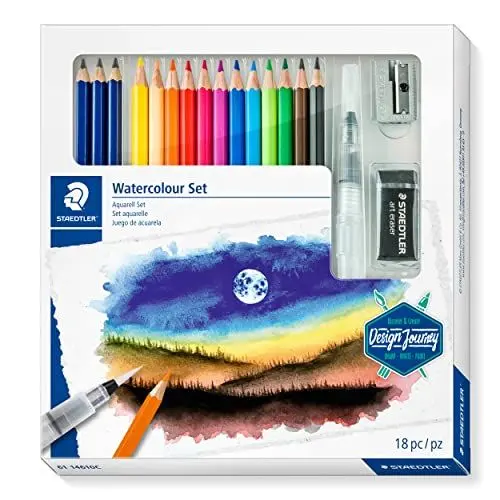 Produktbild: STAEDTLER Aquarell Set, Komplett-Set mit 3 Premium Aquarell-Bleistiften, 12 Aquarell-Farbstiften, 1 Wasserpinsel, 1 Radierer, 1 Metall-Spitzer und Step-by-Step Anleitungen, 61 14610C
