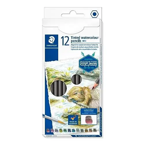 Produktbild: STAEDTLER Design Journey abgetönte wasservermalbare Stifte 146, klassisches Sechskantformat, weiche und intensive Mine, 12 Aquarellfarben im Kartonetui, 14610T C12