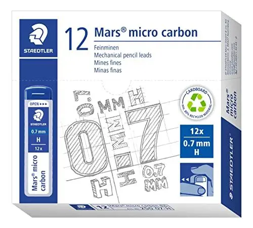 Produktbild: STAEDTLER Feinminen Mars micro carbon, Linienbreite 0,7 mm, Härtegrad H, hohe Bruchfestigkeit durch elastische Mine, für viele Druckbleistifte, 12 Minendosen mit je 12 Minen, 250 07-H