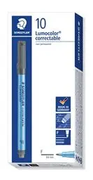 Produktbild: STAEDTLER Folienstift Lumocolor correctable, trocken abwischbar, integrierter Wischer am Stiftende, für Overhead Projektoren geeignet, feine Spitze ca. 0,6 mm, 305 F-9, schwarz, 10 Stück