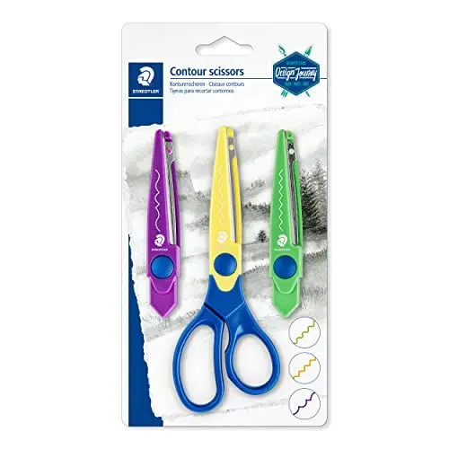 Produktbild: STAEDTLER Konturenschere Design Journey, ein Universal-Griff mit drei verschiedenen auswechselbaren Scherblättern, drei verschiedene Schnittmuster, Zickzack, Wellen, Büttenkante, 965-S BK