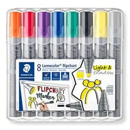 Produktbild: STAEDTLER Lumocolor, farbintensive, schnelltrocknende, geruchsarme Tinte, schlägt nicht durch Papier durch, 8 flipchart Marker in aufstellbarer STAEDTLER Box, 356 SWP8
