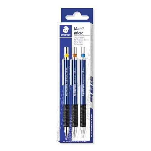 Produktbild: STAEDTLER Mars micro 775 SC WP3 Druckbleistift, rutschfeste Gummigriffzone, Set mit 3 Linienbreiten 0.3, 0.5, 0.7, blau, nachfüllbar, taschensicher, bruchgeschützt, hohe Qualität