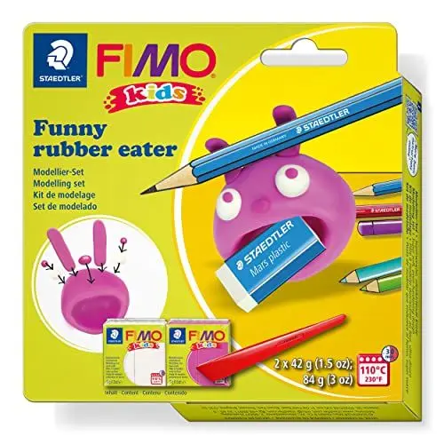 Produktbild: STAEDTLER Modellierset rubber eater FIMO kids, speziell für Kinder - einfach umzusetzen mit Schritt für Schritt Anleitung, 2 FIMO kids Blöcke, Modellierstab, 8035 23