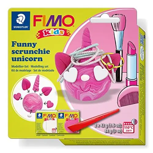 Produktbild: STAEDTLER Modellierset scrunchie unicorn FIMO kids, speziell für Kinder - einfach umzusetzen mit Schritt für Schritt Anleitung, 2 FIMO kids Blöcke, Modellierstab, 8035 25
