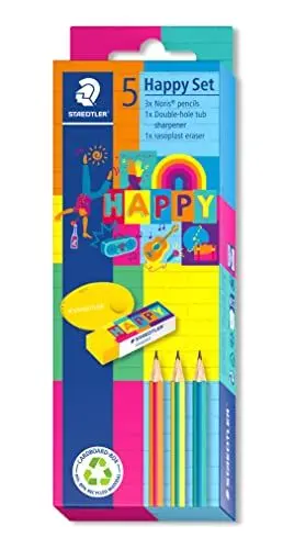 Produktbild: STAEDTLER Schreibwarenset Set, in den bunten Happy-colours, 3 Noris Bleistifte, 1 rasoplast Radiergummi, 1 Doppelklappspitzdose, zum Schreiben und Malen, 61 SC3 HA