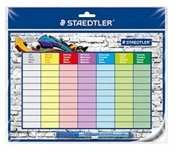 Produktbild: STAEDTLER Stundenplan Lumocolor, selbsthaftend und wiederverwendbar, trocken abwischbar, inklusive Lumocolor correctable und Stiftklemme, 641 SP2