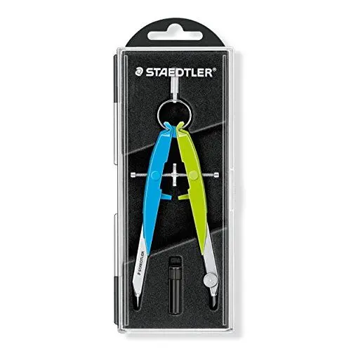 Produktbild: STAEDTLER Zirkel Mars Comfort, Geometriezirkel mit Spindelführung, Rundfederkopf und Mitteltriebspindel, präzise, Etui mit Klappdeckel und Minendose, neon blau-grün, 556 00-N1