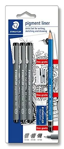Produktbild: STAEDTLER artist Set, 3 Pigment Liner Schwarz 0.3, 0.5, 0.7mm mit dokumentenechter Pigmenttinte, Bleistift 2B besonders bruchfest, Radierer phtalat- und latexfrei und Spitzer, 308 SBK3P, 1 stück (1er Pack)