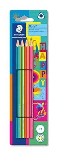 Produktbild: STAEDTLER dreieckige Bleistifte Noris Happy in farbenfroher Streifung, hohe Bruchfestigkeit, Härtegrad HB, vier Bleistifte in Kartonhängekarte, 118 BK4 HA