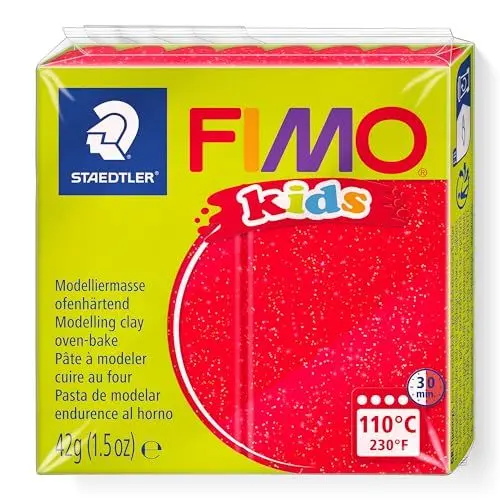 Produktbild: STAEDTLER ofenhärtende Modelliermasse FIMO kids, rot glitter, extra weich und geschmeidig, speziell für Kinder, Normalblock 42g, 8030-212
