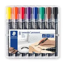 Produktbild: STAEDTLER permanent Marker Lumocolor, wisch- und wasserfest, blockierte Rundspitze, Linienbreite 2mm, sekundenschnell trocken, nachfüllbar, 8 Marker in sortierten Farben, 352 WP8