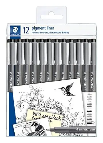 Produktbild: STAEDTLER schwarze pigment liner in unterschiedlichen Linienbreiten, dokumentenechte Pigmenttinte, lange Metallspitze, lange Lebensdauer, 12 Liner in 12 Linienbreiten, 308-9 TB12