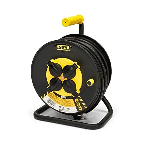 Produktbild: Stak REELART-FR-40 Kabeltrommel, professionell, wasserfest, IP44, Kabel 40 m aus Gummi 3G2,5 mm2 für Baustellen, Basteln, Garten 4 Steckdosen, Rahmen aus Stahl, Schwarz