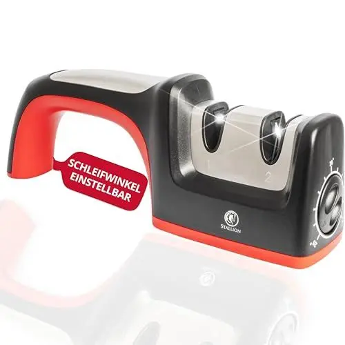 Produktbild: STALLION - Messerschärfer Profi mit Einstellbarem Schleifwinkel - Manueller Messerschleifer - Doppelschleifsystem mit Karbonstahl und Keramik - Knife Sharpener zum professionellen Messer Schärfen