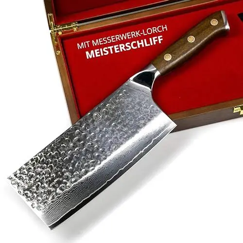 Produktbild: Stallion Chinesisches Kochmesser Damast MEISTERSCHLIFF 17,5 cm - Chinesisches Hackmesser Damast mit edlem Griff aus Ironwood - Profi Küchenmesser aus Damaststahl mit Edler Geschenkbox