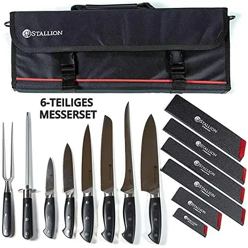Produktbild: Stallion Professional Koch Messerset mit Tasche - 6 tlg. Profi Messerset mit Messertasche für Köche - Aus deutschem 1.4116 Messerstahl - Profi Kochmesser Set Tasche inkl. Wetzstahl und Fleischgabel